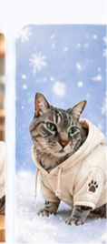 雪景色背景のパーカー猫